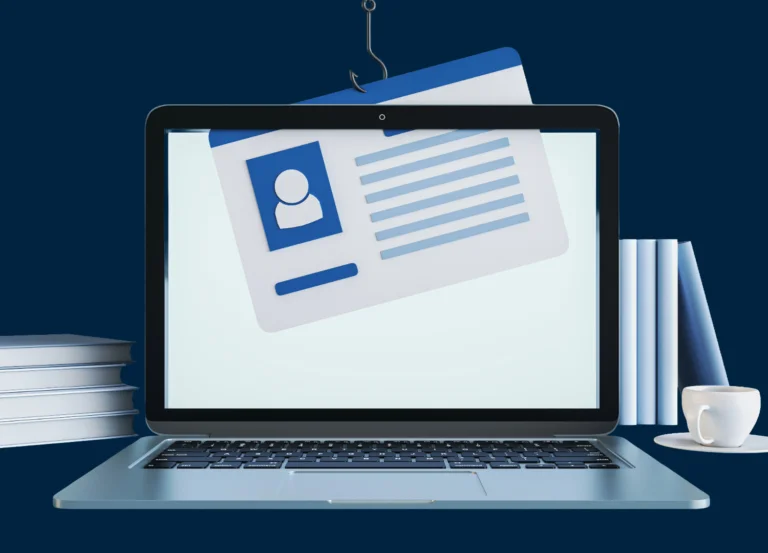 Illustration of identity theft. Computer with a hook pulling an ID out of data.