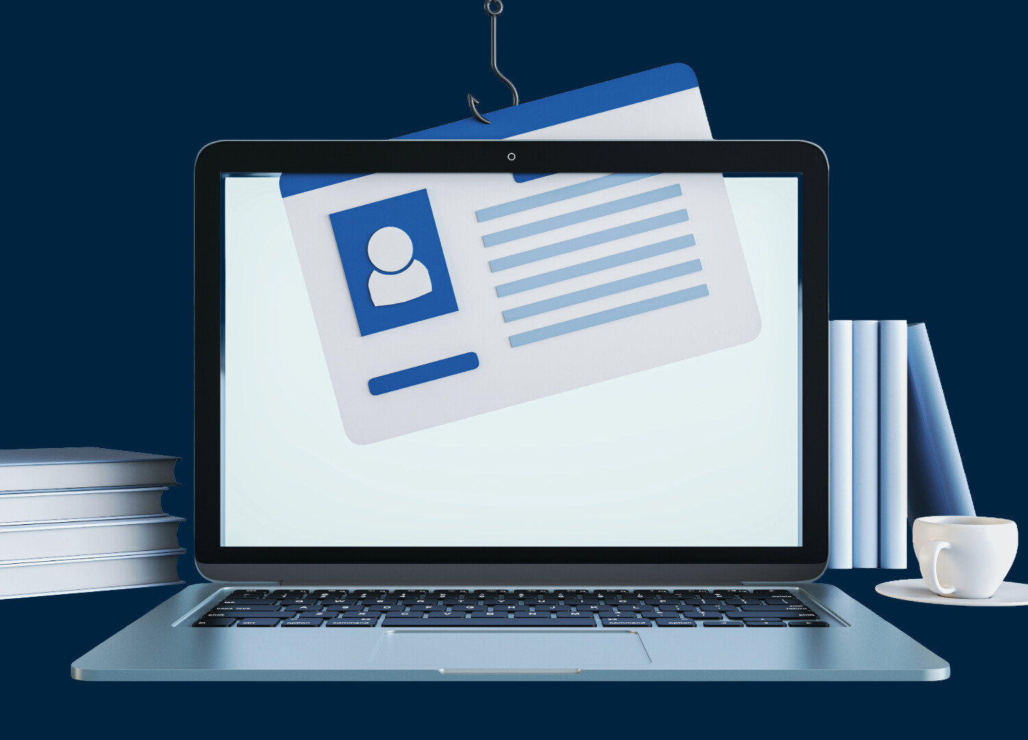 Illustration of identity theft. Computer with a hook pulling an ID out of data.