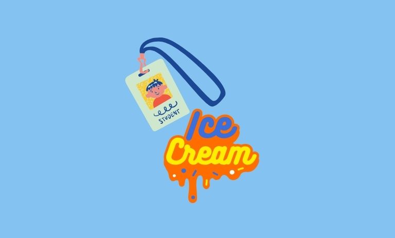 light blue background with cartoon image of a student ID on a lanyard with the words "Ice Cream" in a drip font with sprinkles