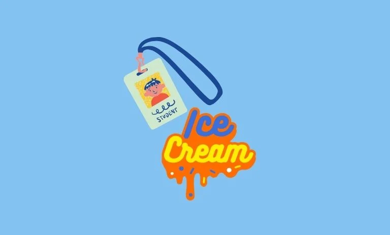 light blue background with cartoon image of a student ID on a lanyard with the words "Ice Cream" in a drip font with sprinkles