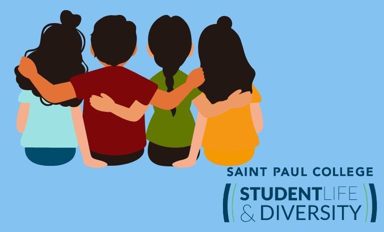 BLue background with 4 cartoon peoples backs sitting while the hold each other in friendship. Small logo for Student Life and Diversity in the lower right corner