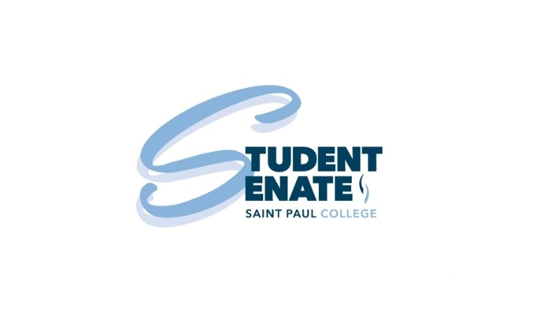 white backgroum light blue and navy text saying Student Senate Saint Paul College