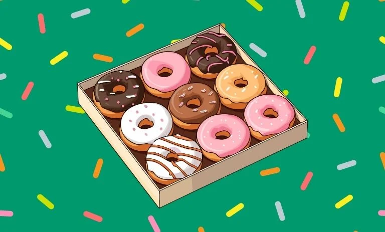 green background with multi colored sprinkle design. Sitting in the middle is a cartoon image of a box of donuts