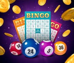 purple background with cold coines. Centered are 3 bingo cards with bingo balls