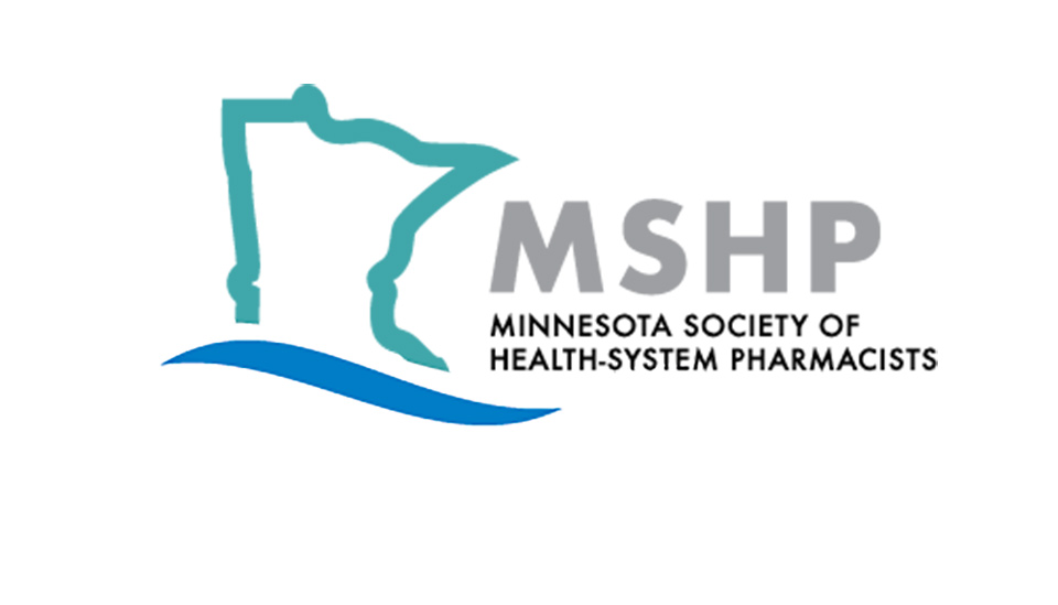 Logo of the Minnesota Society of Health-System Pharmacists (MSHP), featuring an outline of the state of Minnesota in teal above a blue curved line, with the acronym “MSHP” in large gray letters and the full name “Minnesota Society of Health-System Pharmacists” in black text below.