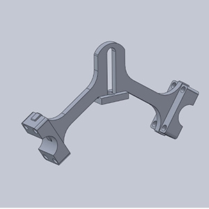 A 3D-rendered CAD model of a mechanical bracket with two symmetrical arms and mounting holes.