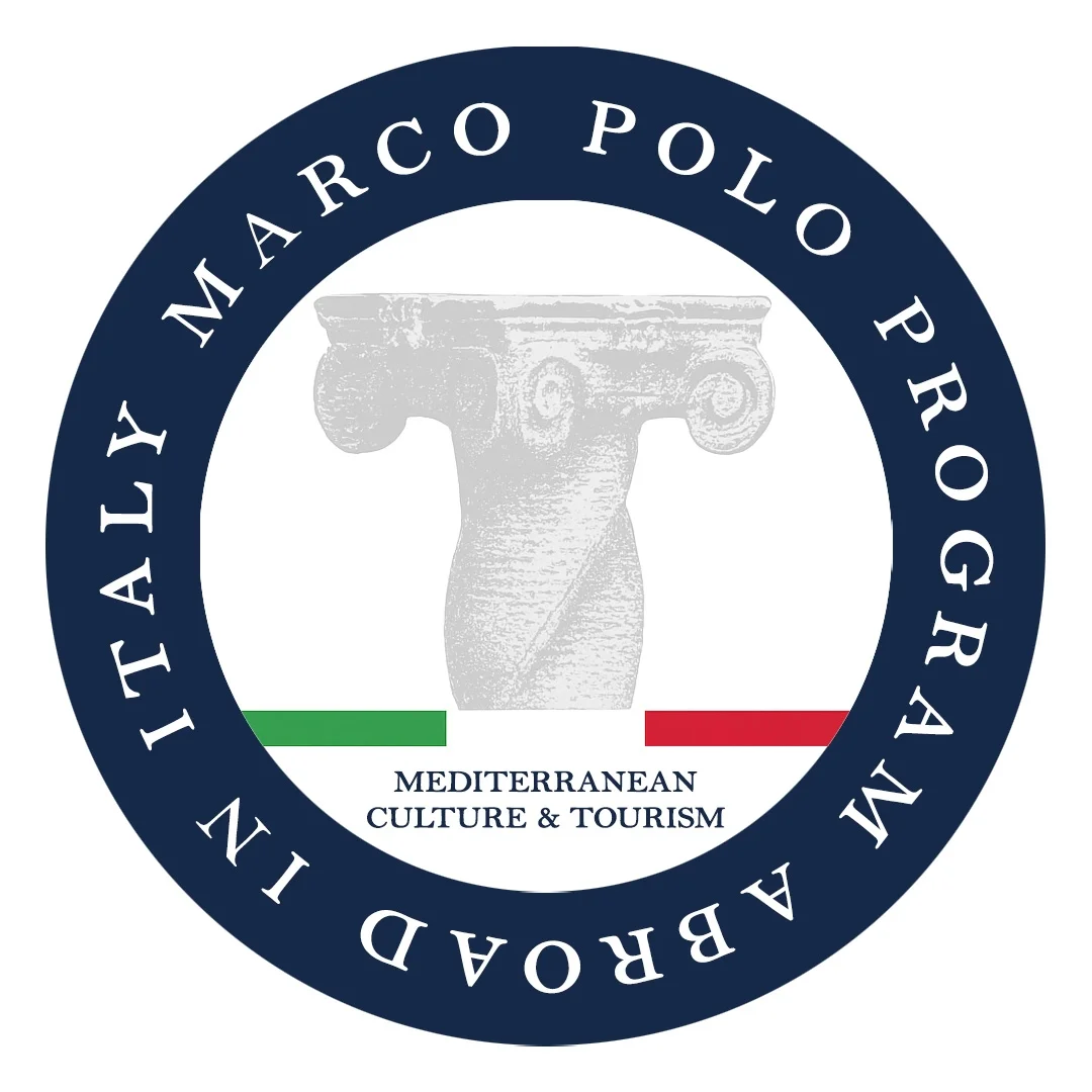 Circular logo for the Marco Polo Program in Italy, featuring a stylized classical column in the center, the Italian flag colors beneath it, and the words “Marco Polo Program Abroad in Italy – Mediterranean Culture & Tourism” around the border.