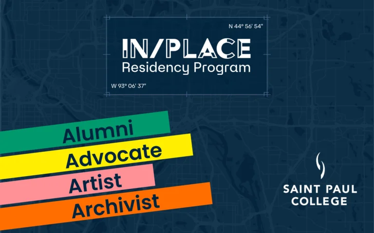 A professional typographic logo for 'IN/PLACE Residency Program' featuring bold, chunky, and funky geometric lettering in navy blue. The wordmark is centered within a thin rectangular technical frame that includes small map-style tick marks along its edges. The entire design is set against a subtle, light-colored architectural grid background, evoking a sense of structural planning and community placemaking.