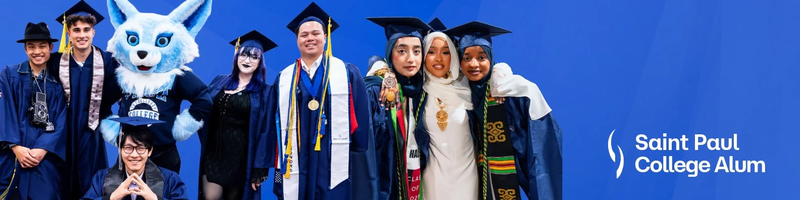 saint paul college banner with students and mascot