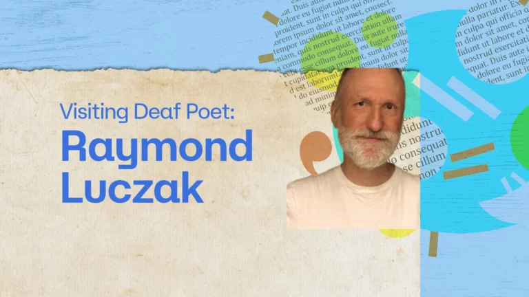 Promotional graphic for Saint Paul College's International Poetry Month featuring a headshot of Raymond Luczak, a white man with a gray beard, against a collage background of torn paper, text, and colorful shapes. Text reads: Visiting Deaf Poet: Raymond Luczak.