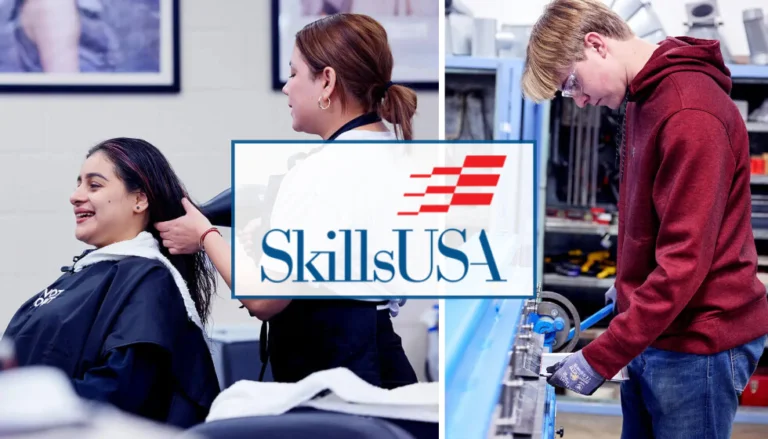 Students in trade and vocational programs practice hands-on skills in a vocational classroom, with the SkillsUSA logo centered, highlighting career and technical education. (technical skills contest; Saint Paul College SkillsUSA competitors 2026)