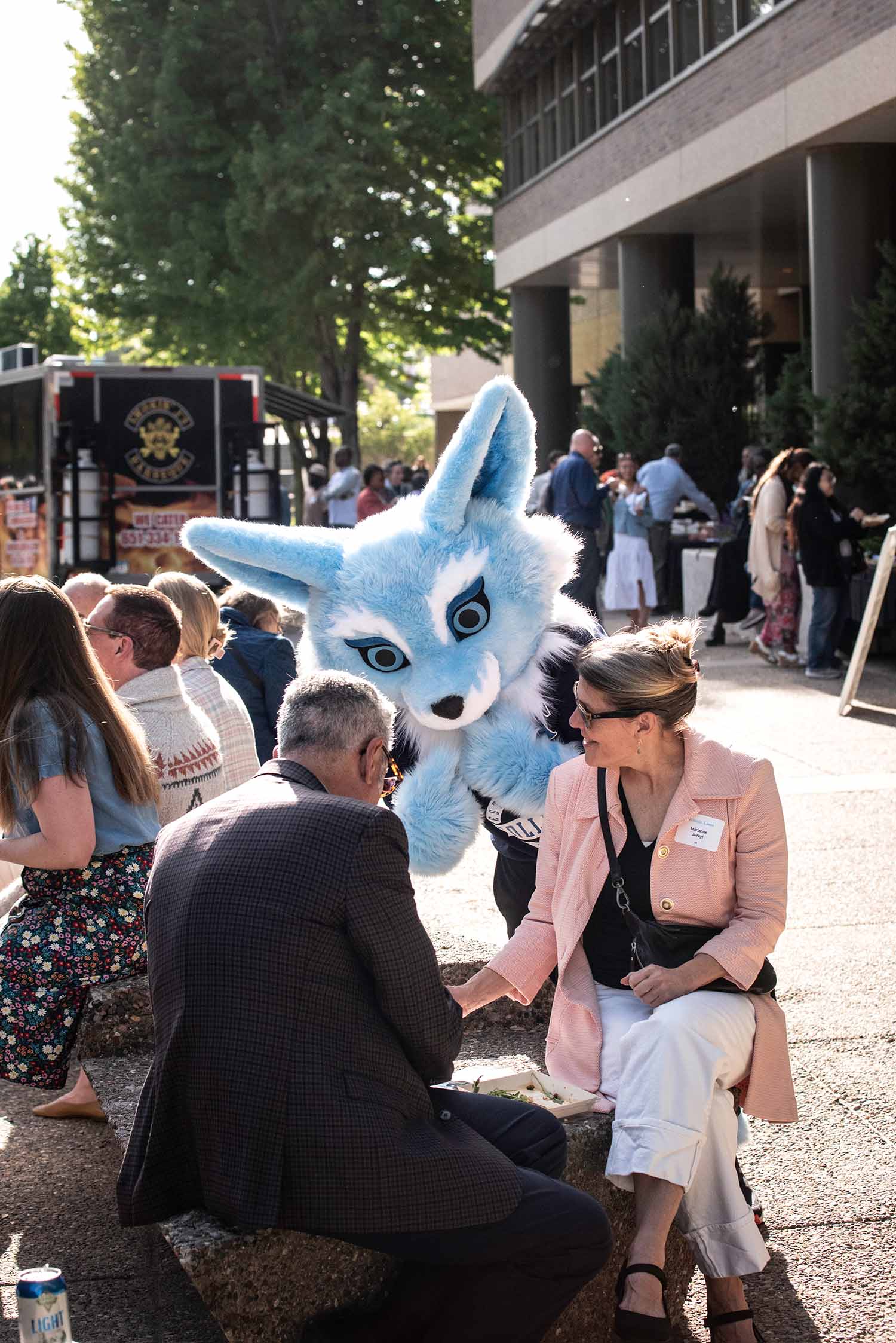 Saint Paul College mascot interacting with guests at Friends on the Lawn 2026 community fundraising event