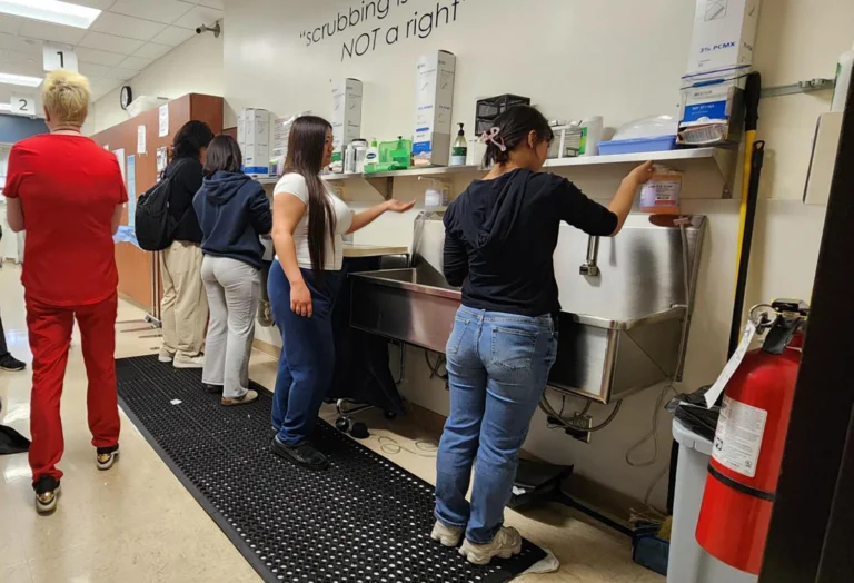 Healthcare workers and students washing hands at a clinical scrub sink station in a hospital or medical facility, with soap dispensers and signage about proper hand hygiene on the wall.