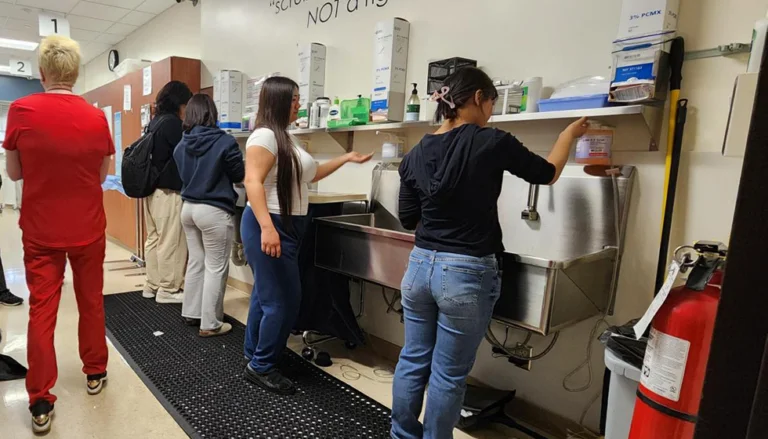 Healthcare workers and students washing hands at a clinical scrub sink station in a hospital or medical facility, with soap dispensers and signage about proper hand hygiene on the wall.