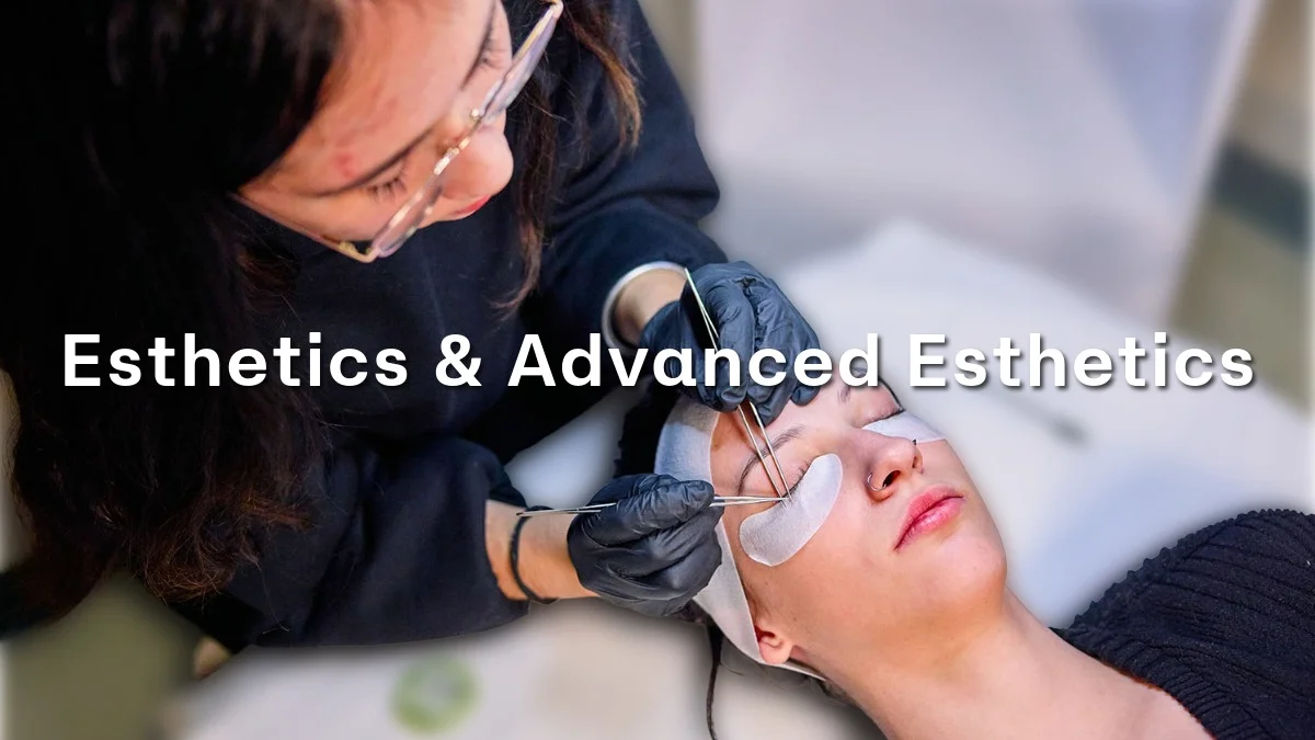 An esthetician working on a woman's eyelids, under eye, and forhead.
