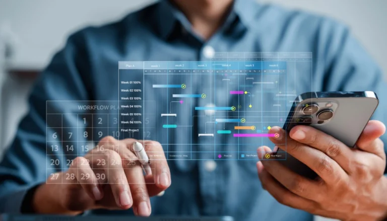 Person using a smartphone and interacting with a transparent digital project management interface displaying a calendar and Gantt chart. The overlay shows weekly project milestones, task progress bars, and completion indicators, illustrating mobile workflow planning, scheduling, and project tracking.
