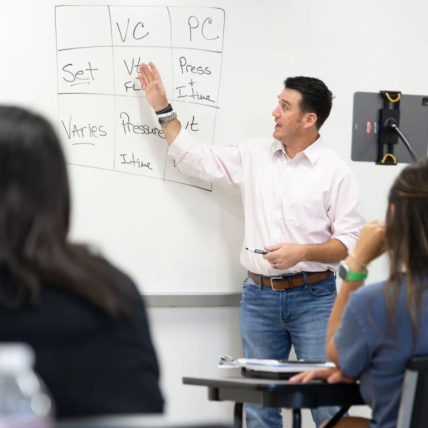 Instructor standing beside a whiteboard and pointing to a hand-drawn chart comparing ventilator modes labeled “VC” and “PC” while students sit at desks in a classroom.