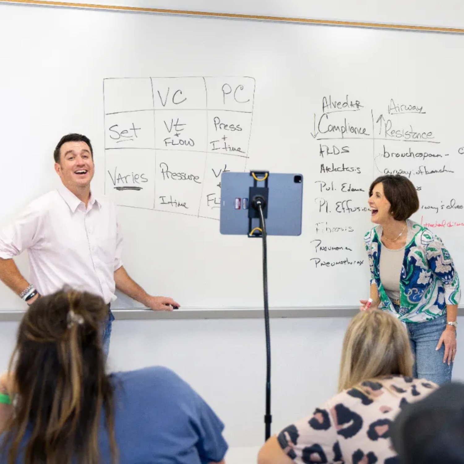 Two instructors teaching at the front of a respiratory care classroom, standing near a whiteboard filled with ventilation concepts and medical terminology while students watch from their desks.