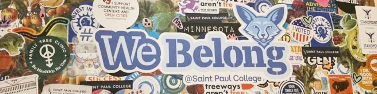 A sticker and image collage with the "We Belong" logo in the center.