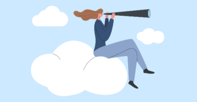 Illustration of a woman sitting on a cloud looking through a telescope.