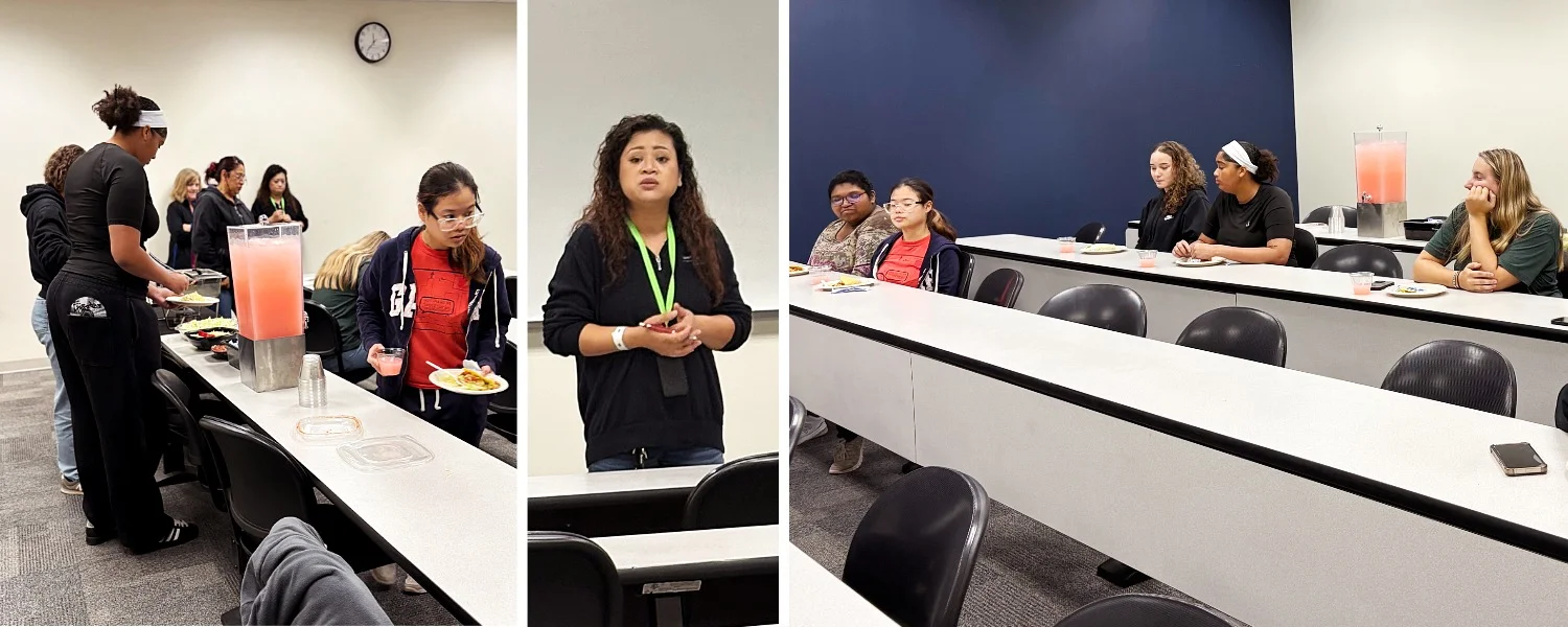 3 photos from Women in the Trades meeting. Left is the students making tacos. Center is Viang speaking to the students. Right the students listening to someone speaking.