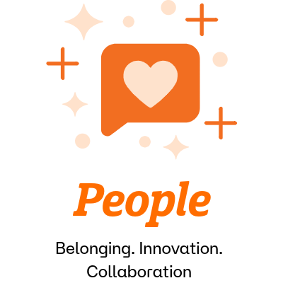 Icon for the People pillar depicting a heart within a speech bubble, symbolizing belonging, connection, and community.