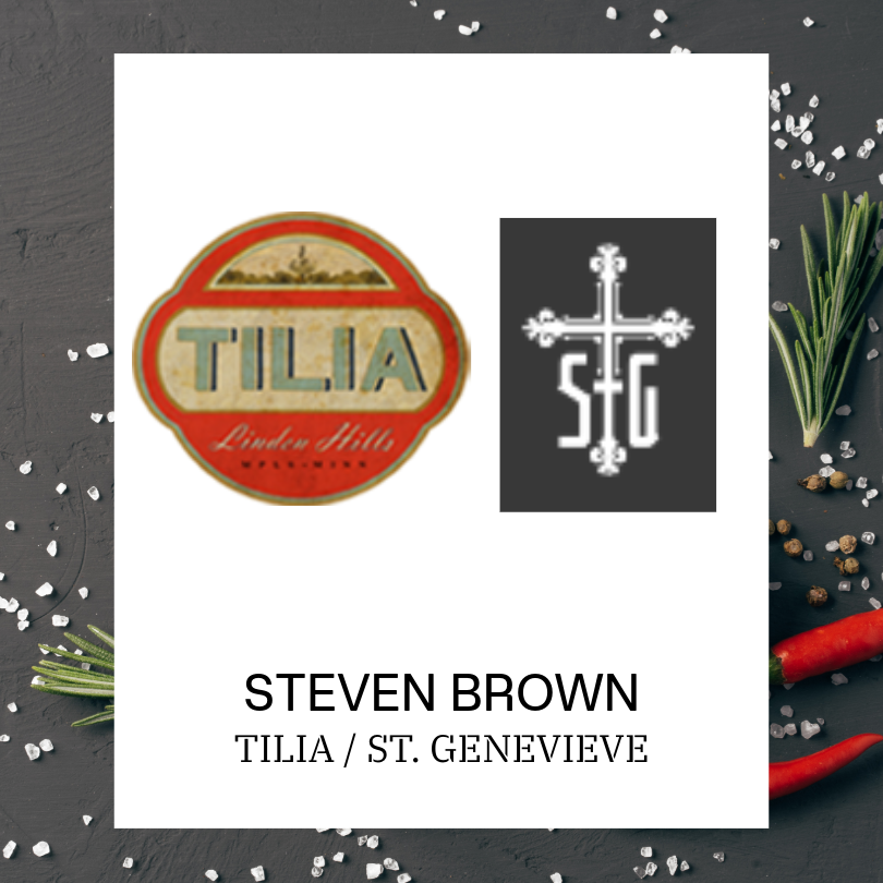 White card featuring the logos for Tilia and St. Genevieve centered on a dark slate background decorated with scattered coarse salt, rosemary sprigs, peppercorns, and red chili peppers. Below the logos, the text reads “STEVEN BROWN” and “TILIA / ST. GENEVIEVE.”